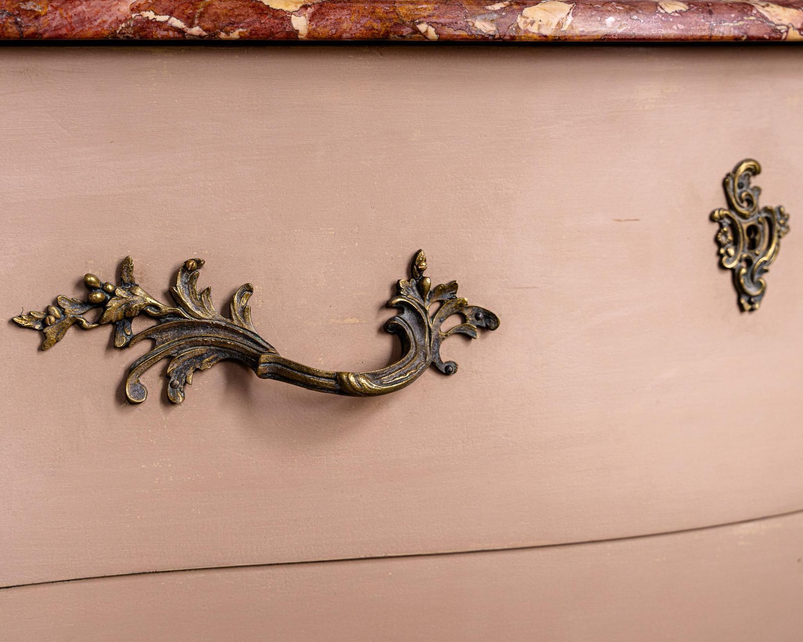Pink Turn Of The Century Louis XV Style Bombe Chest Of Drawers With Marble Top photo vintage