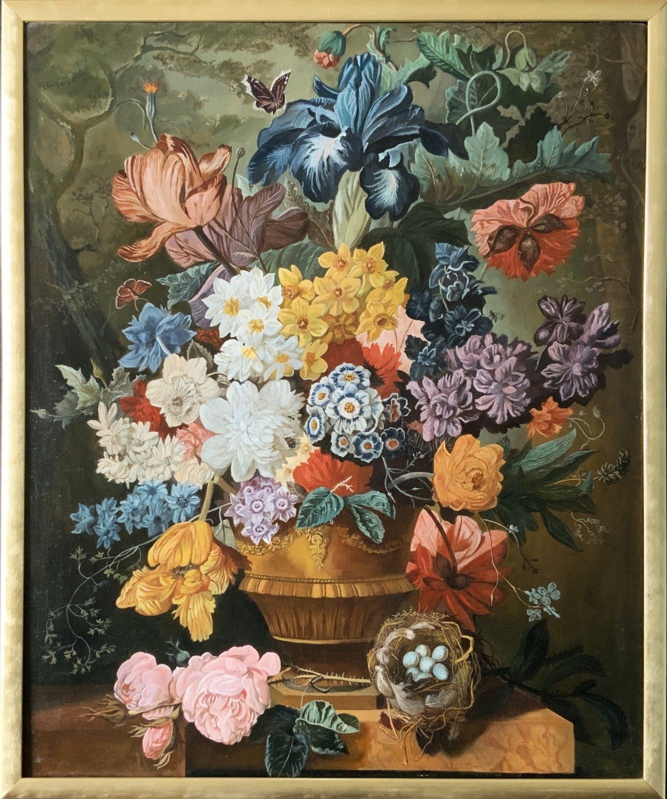 Large Dutch Still Life Oil Painting 18thc Style Floral & Birds Nest (2 Of 2)