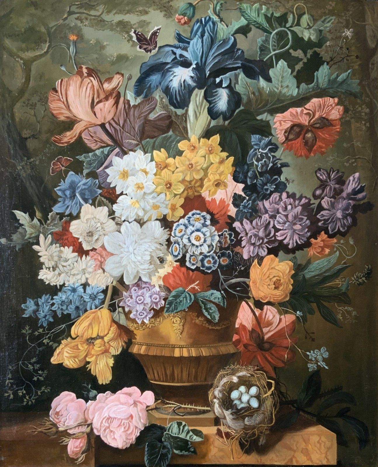 Large Dutch Still Life Oil Painting 18thc Style Floral & Birds Nest (2 Of 2) photo furniture