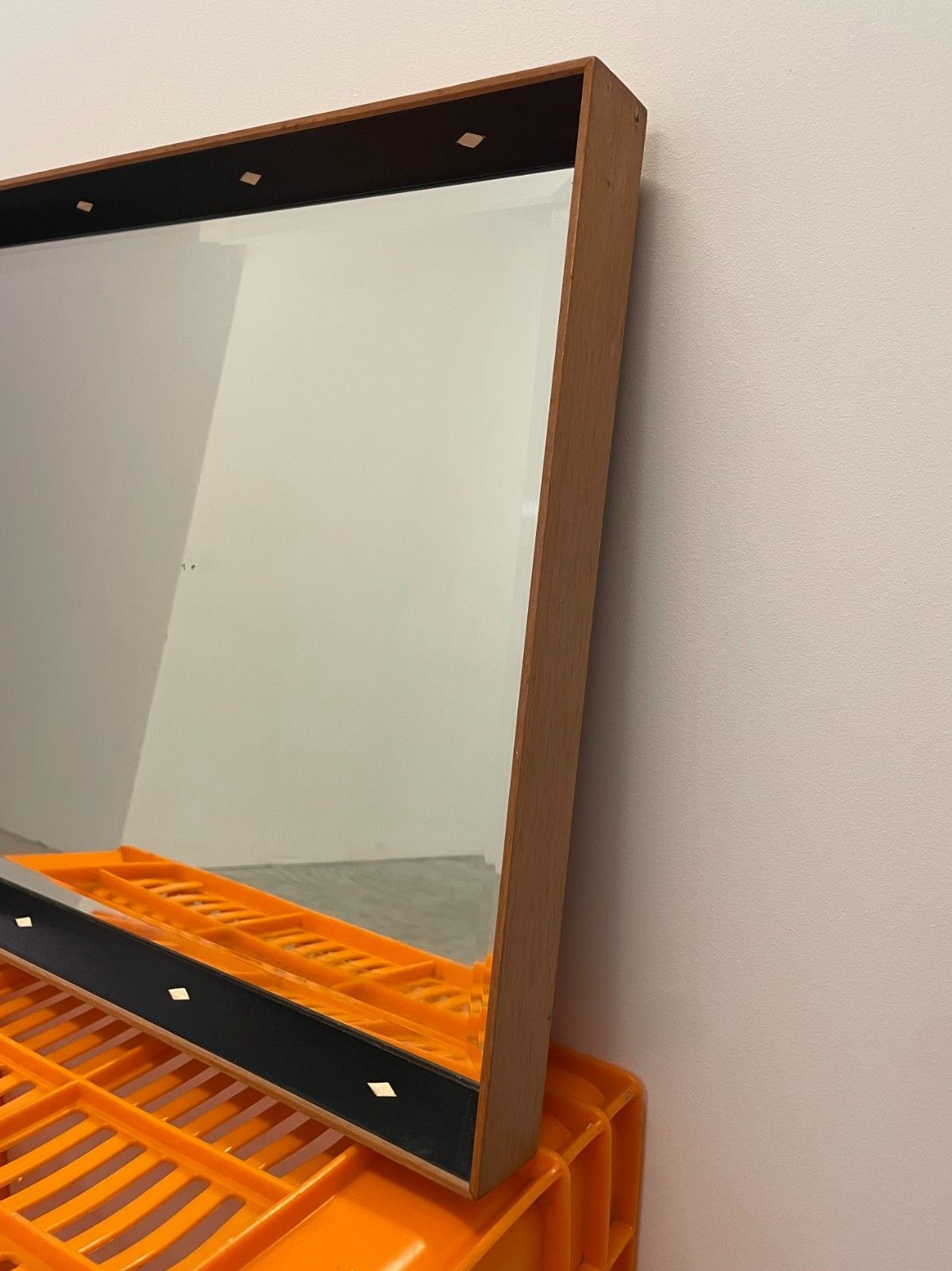 photo vintage Vintage Mid Century The Rowley Gallery Teak Leather Edge Framed Wall Mirror