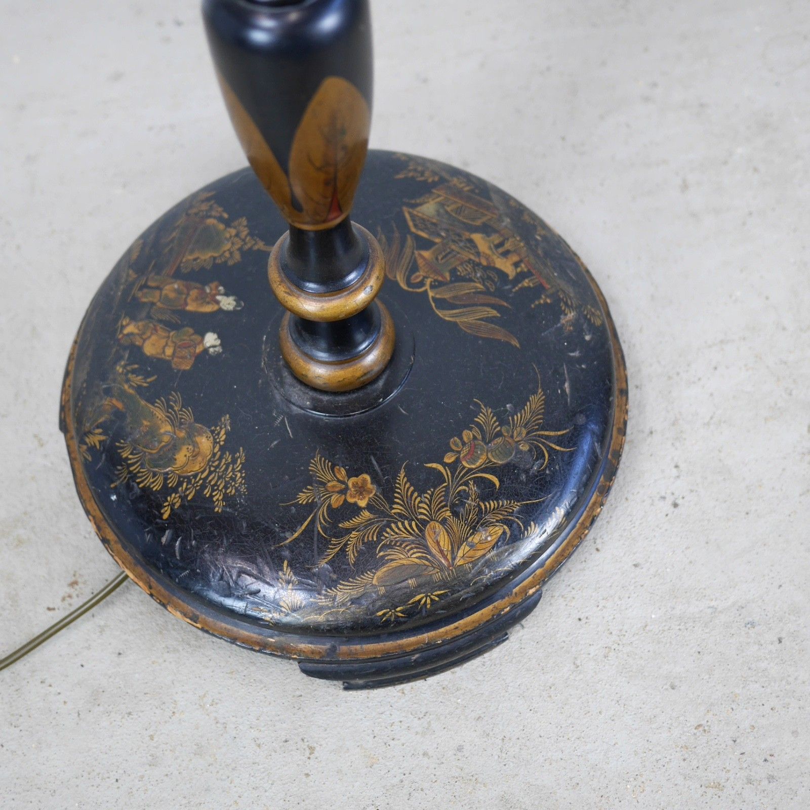 Antique Black Chinoiserie Wood Standard Lamp Circa 1920 Hand Painted #103046 photo vinterior