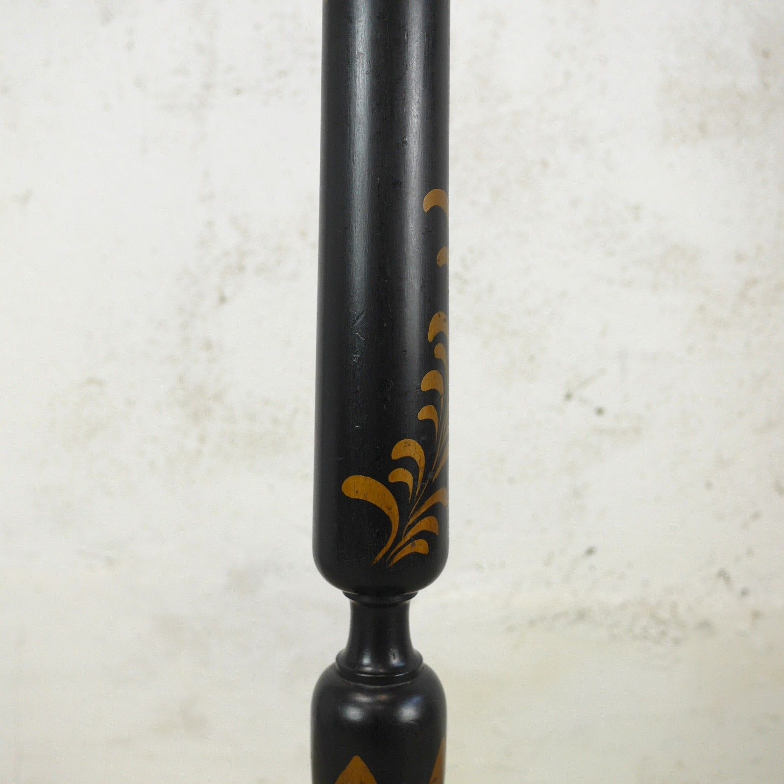 photo furniture Antique Black Chinoiserie Wood Standard Lamp Circa 1920 Hand Painted #103046