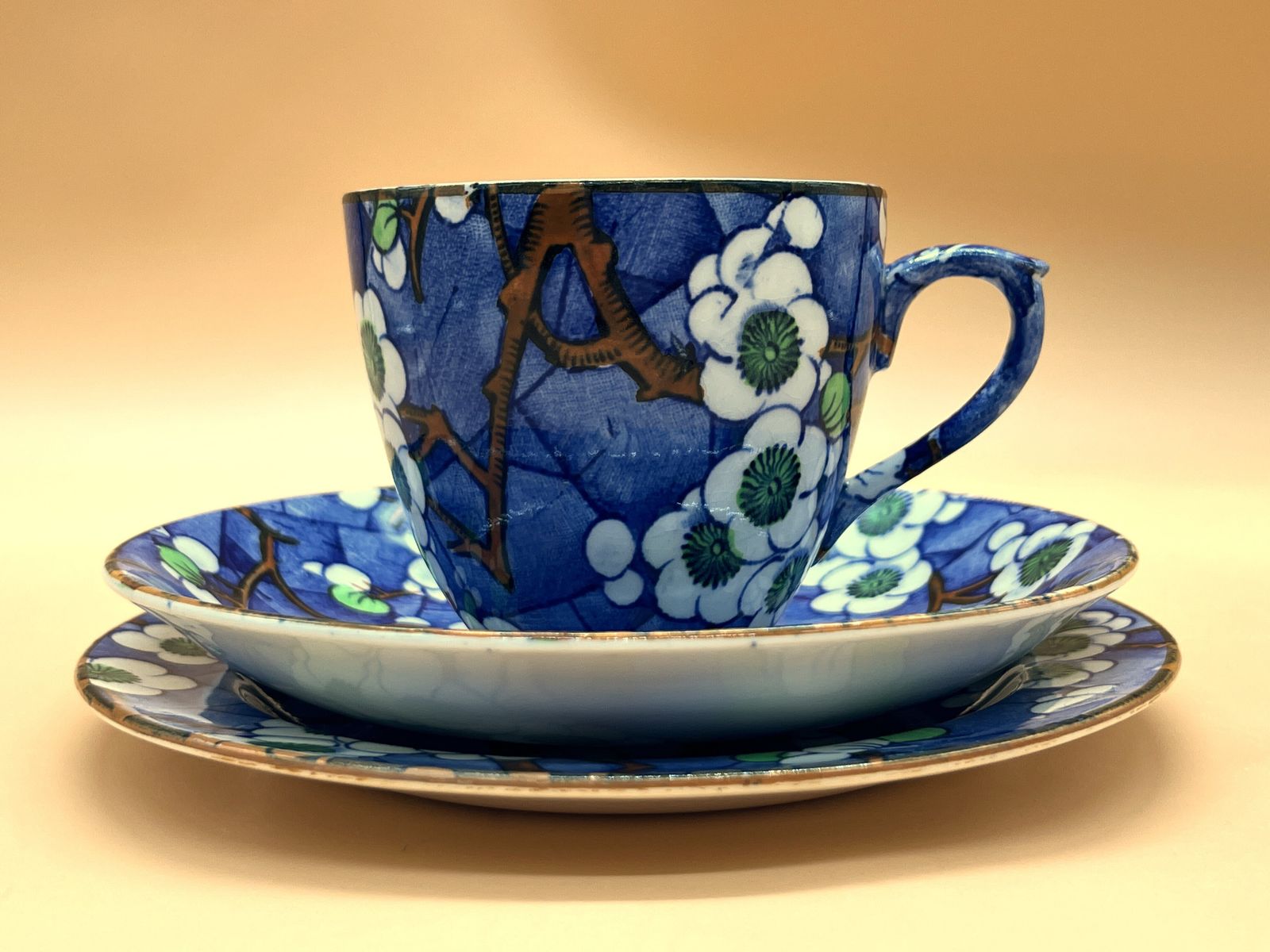 photo furniture Art Deco Frederick Rhead Bursley Ware Cherry Blossom Design Tea Cup, Saucer & Side Plate Trio. C1920's.