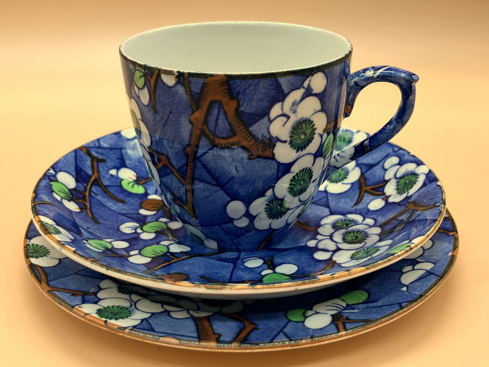 photo for sale Art Deco Frederick Rhead Bursley Ware Cherry Blossom Design Tea Cup, Saucer & Side Plate Trio. C1920's.