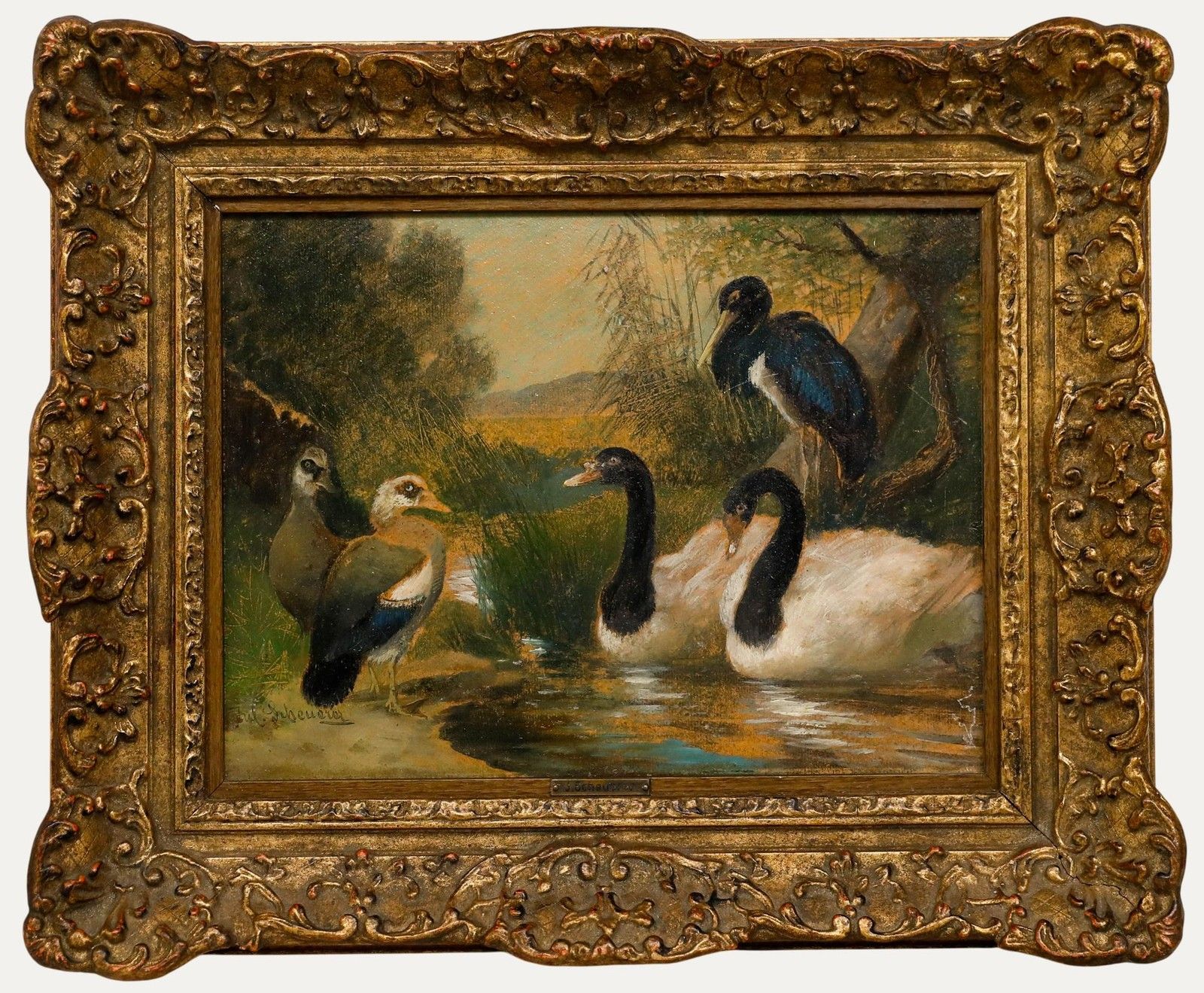 Julius Scheuerer (1859 1913) Framed Oil, Waterfowl By A Stream