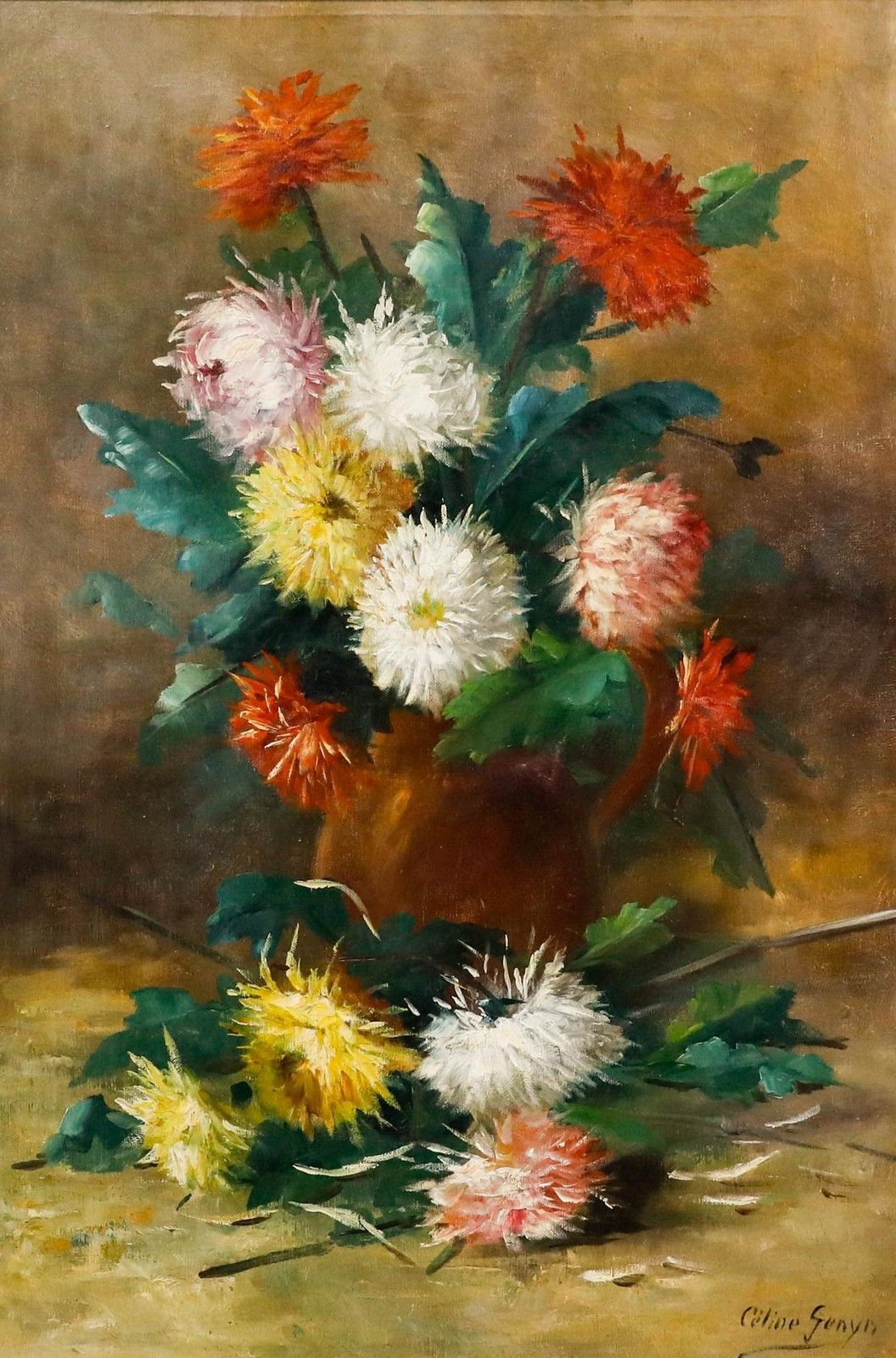 Celine Genyn Framed Early 20th Century Oil, Bouquet Of Dahlias photo furniture
