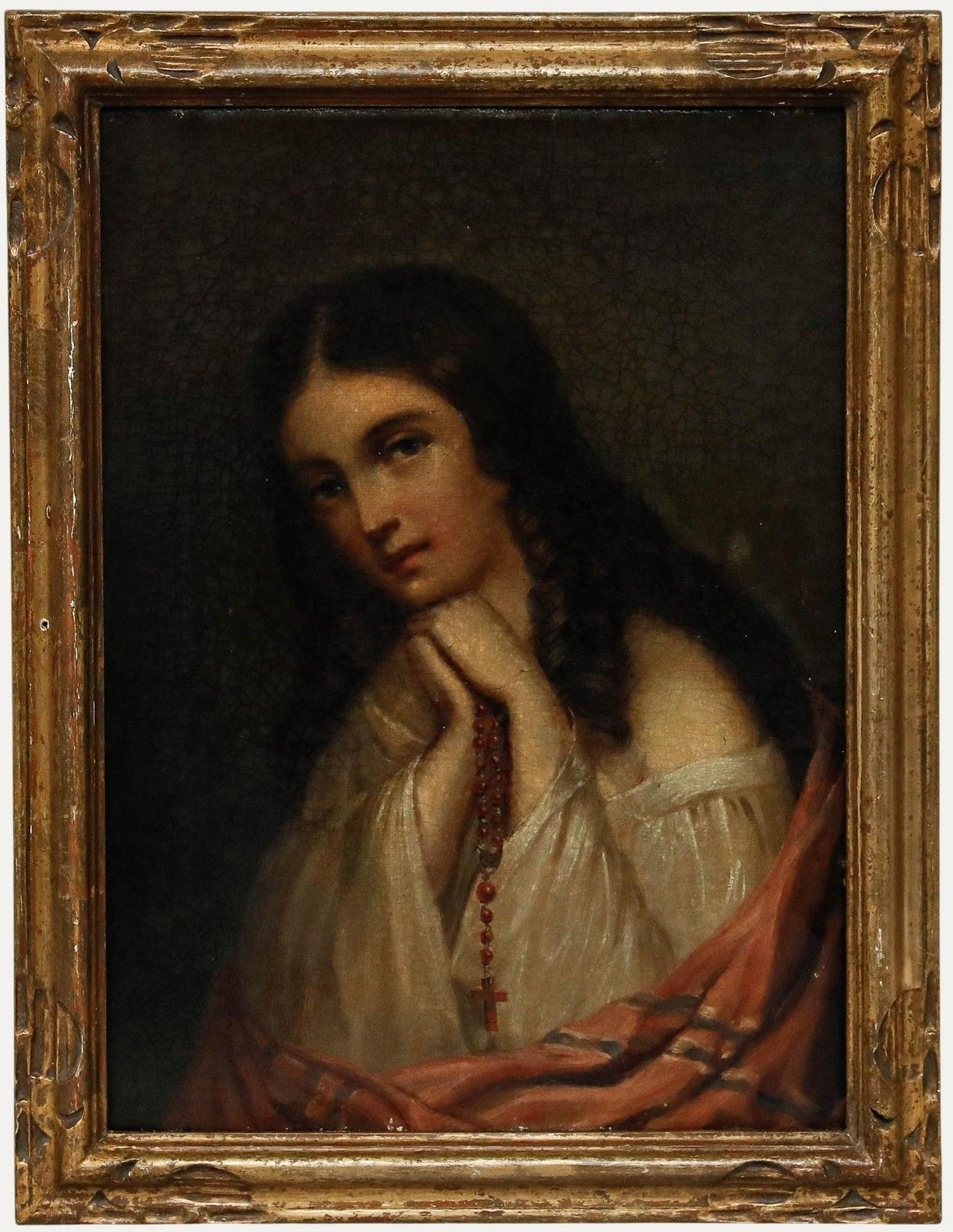 Framed 19th Century Oil Young Woman With Red Rosary