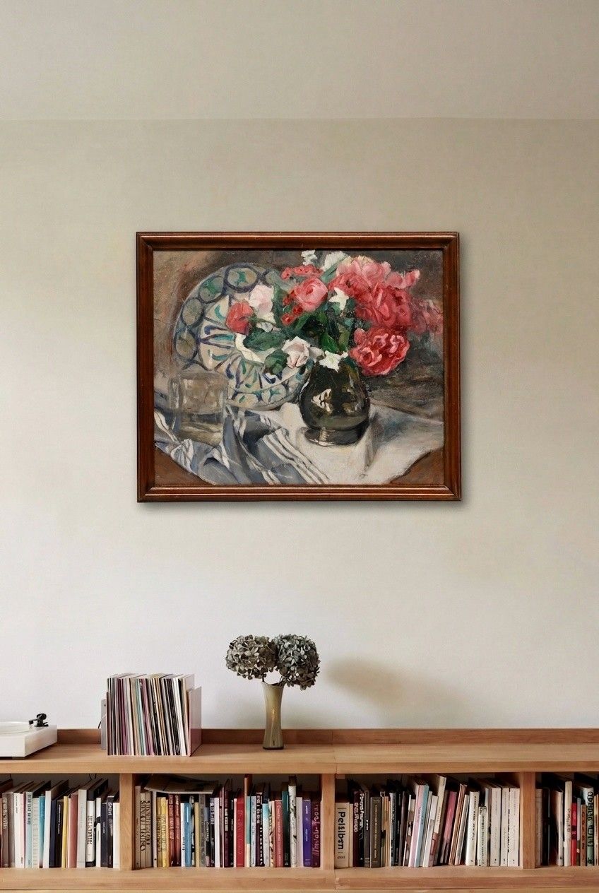Cecile Hertz Eyrolles (1875 1974) Mid 20th Century Oil, Still Life With Roses photo for sale