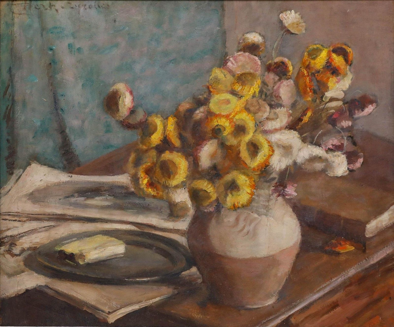 Cecile Hertz Eyrolles (1875 1974) Framed Oil, Everlasting Flowers photo furniture