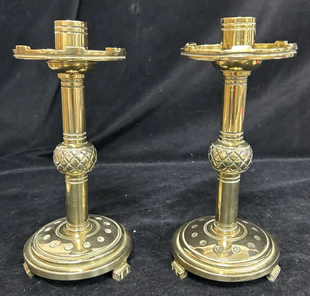 Pair Brass Candlesticks Gothic Revival Victorian photo furniture