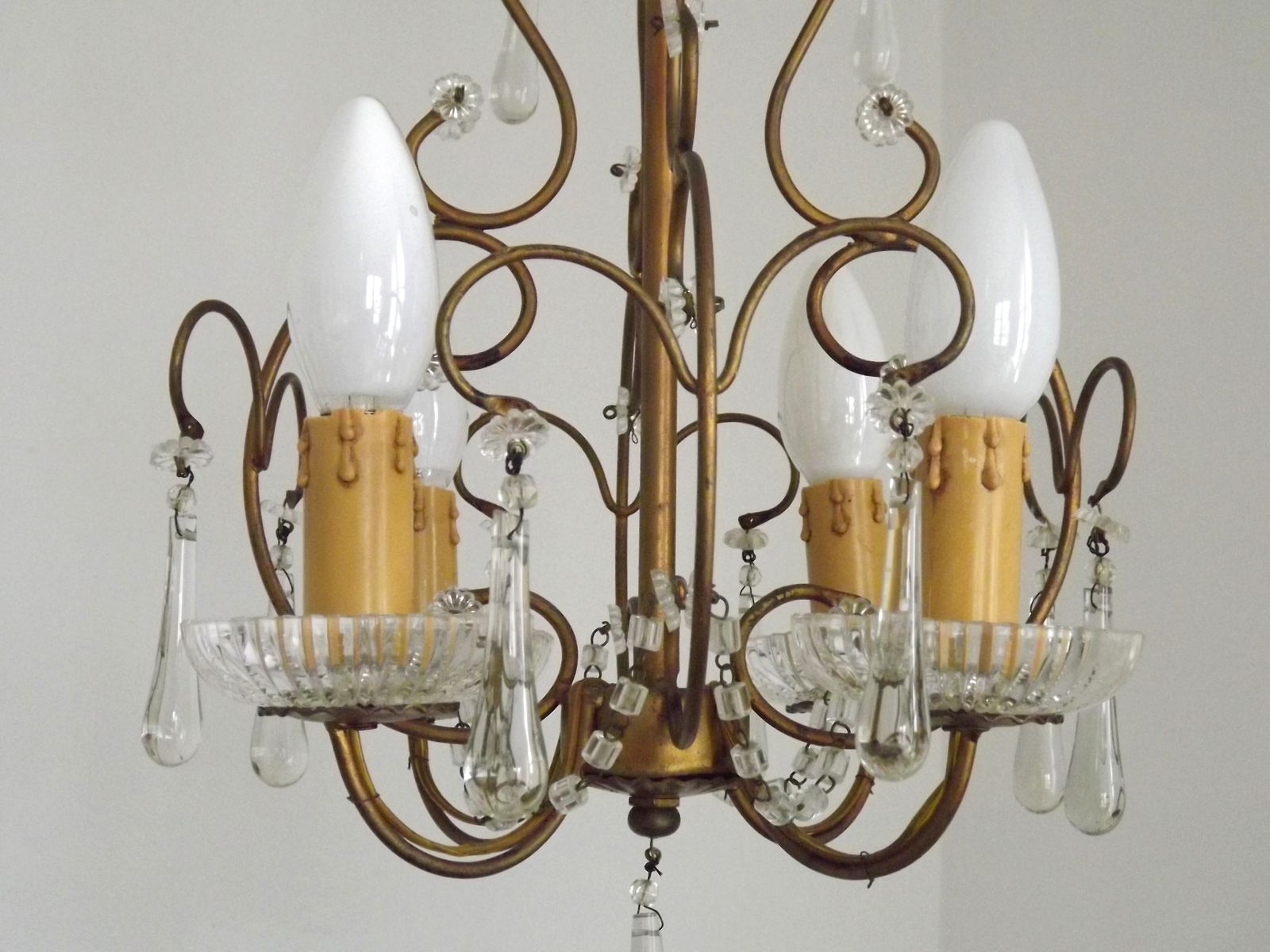 Vintage French 4 Arm Gilded Toleware Cage Chandelier With Clear Seed Bead Swags And Clear Murano Drops photo buy