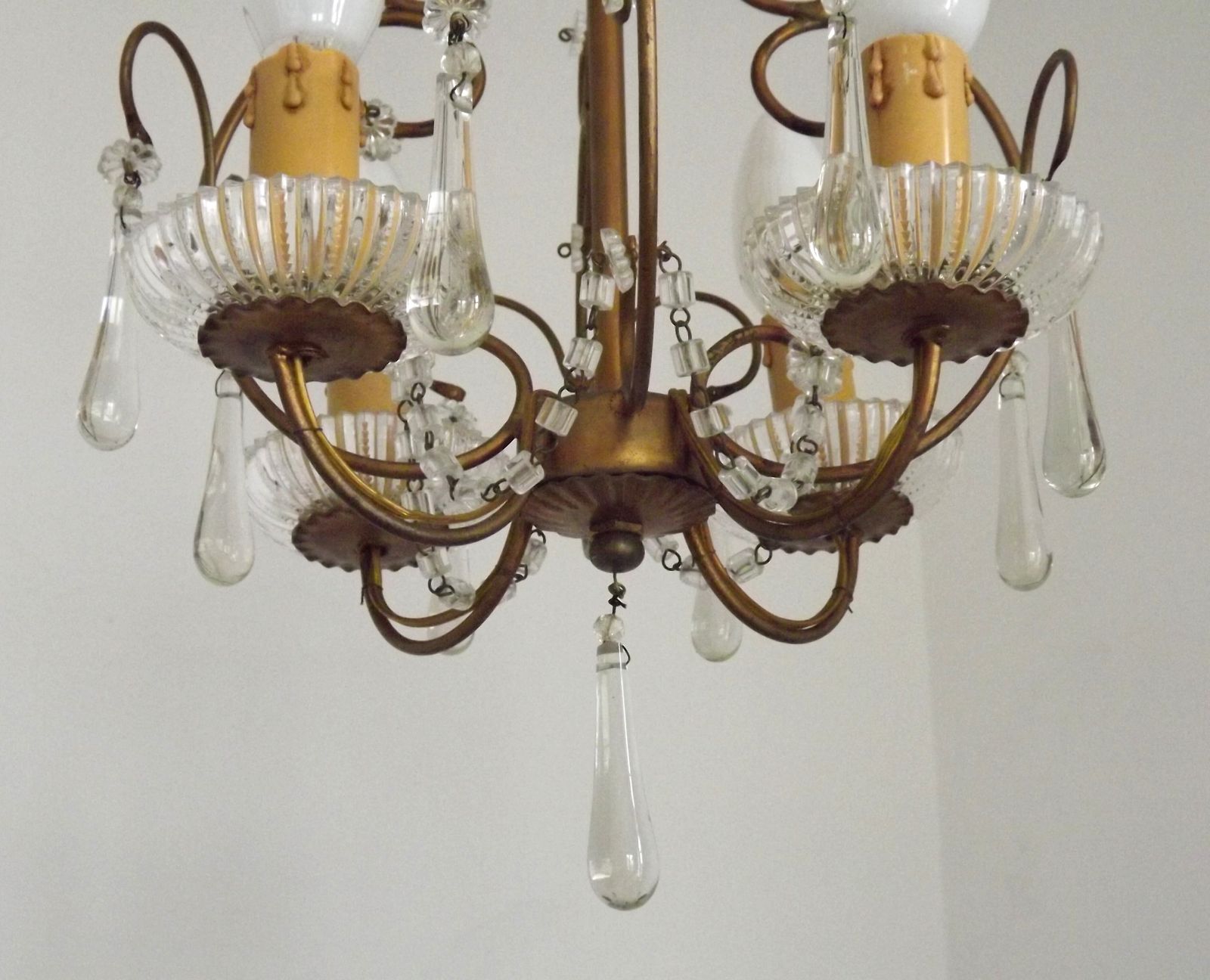 Vintage French 4 Arm Gilded Toleware Cage Chandelier With Clear Seed Bead Swags And Clear Murano Drops photo vintage