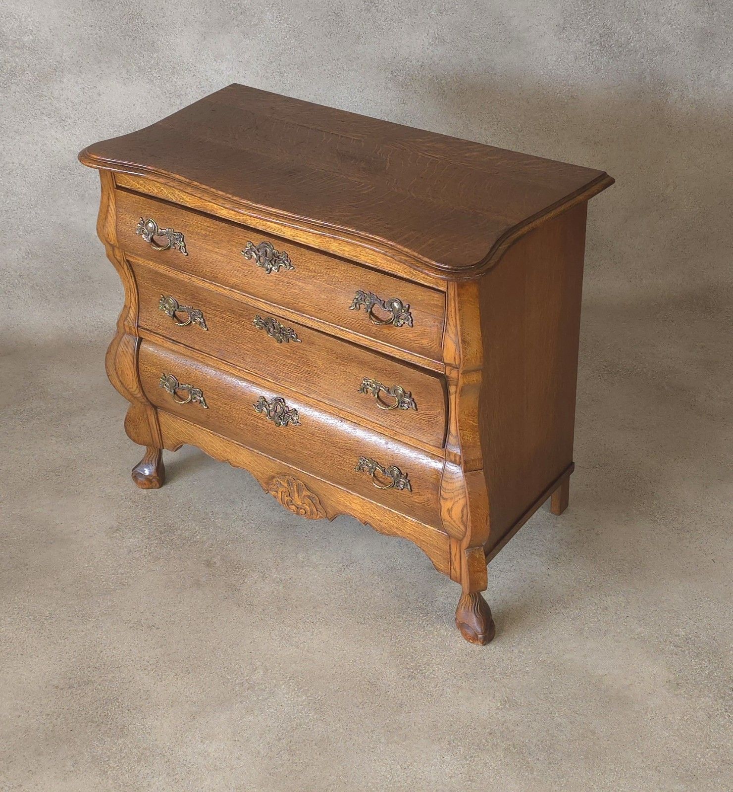 photo furniture Dutch Bombe Oak Chest Of Drawers Small Commode Vintage Ball & Claw Feet