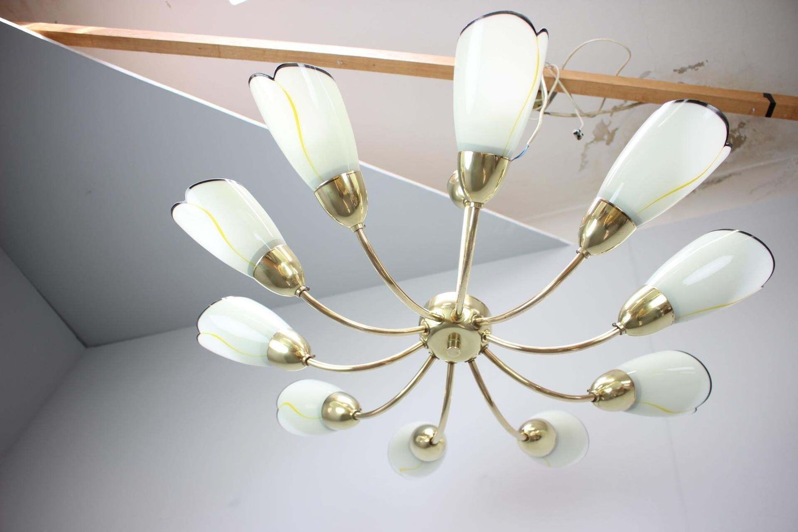 1960s Czechoslovak Mid Century Modern Ten Arm Brass And Glass Chandelier photo furniture