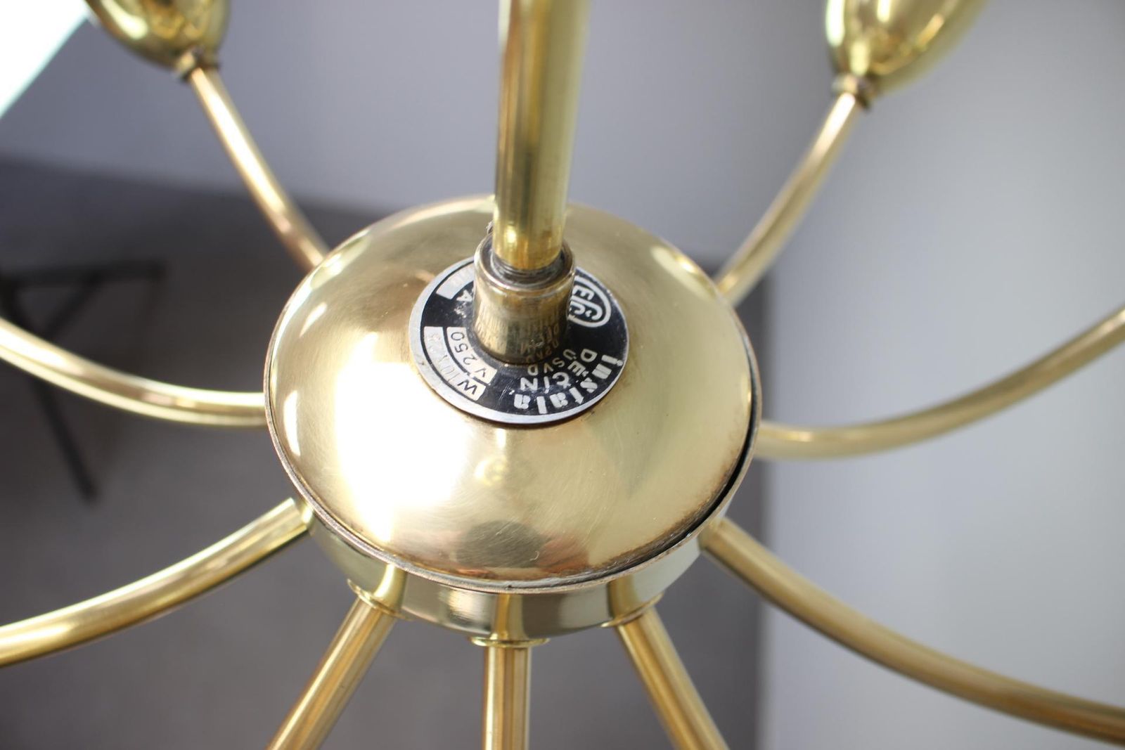 1960s Czechoslovak Mid Century Modern Ten Arm Brass And Glass Chandelier photo vintage