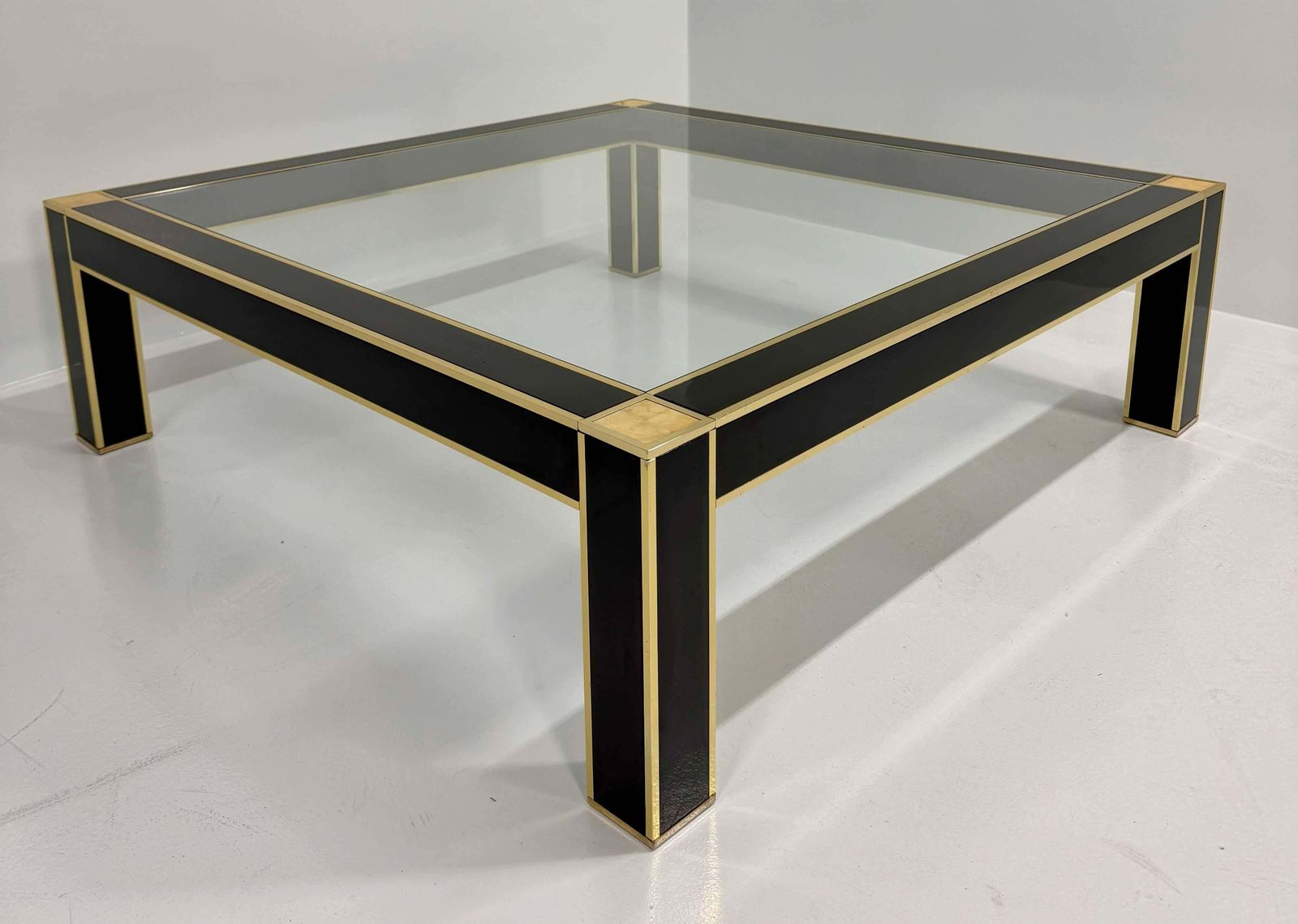 Square Coffee Table Attr. To Pierre Cardin In Black Lacquer, Brass, Glass, 70s photo 3024.0