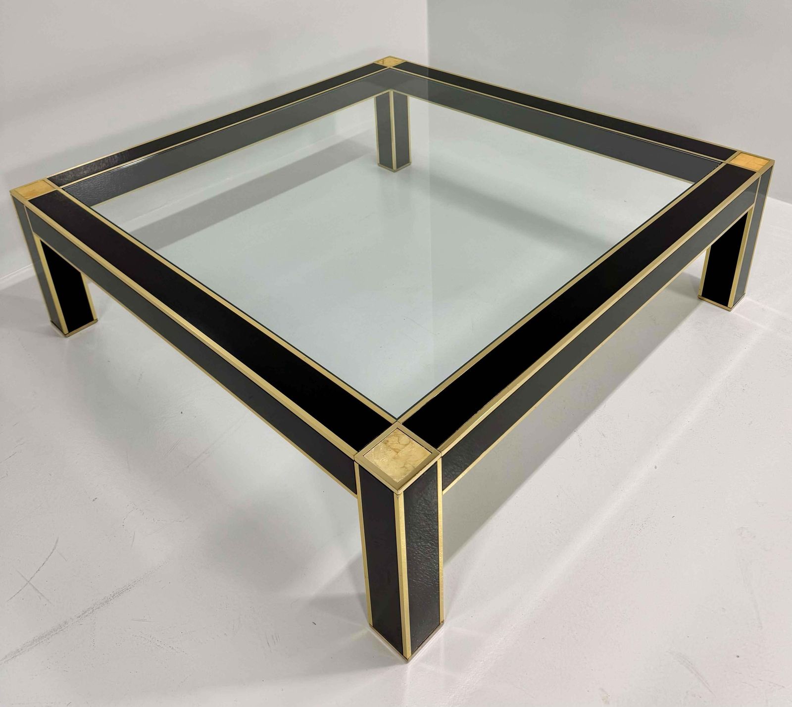 Square Coffee Table Attr. To Pierre Cardin In Black Lacquer, Brass, Glass, 70s photo vinterior