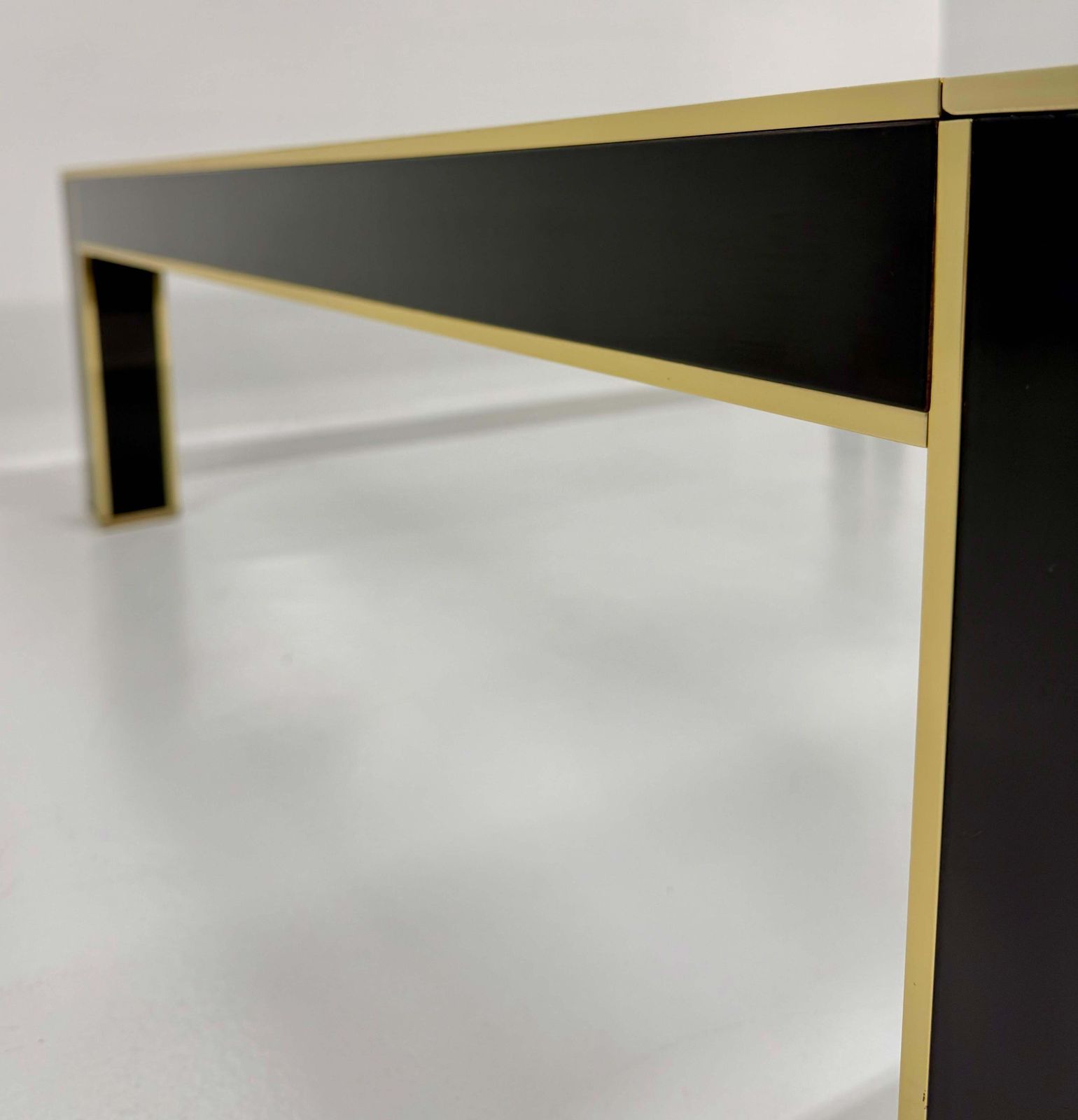 Square Coffee Table Attr. To Pierre Cardin In Black Lacquer, Brass, Glass, 70s photo vintage