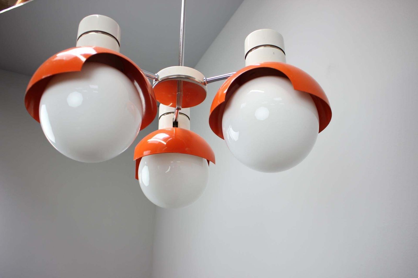 1970s Czechoslovak Napako Space Age Orange And Opaline Glass Chandelier photo for sale