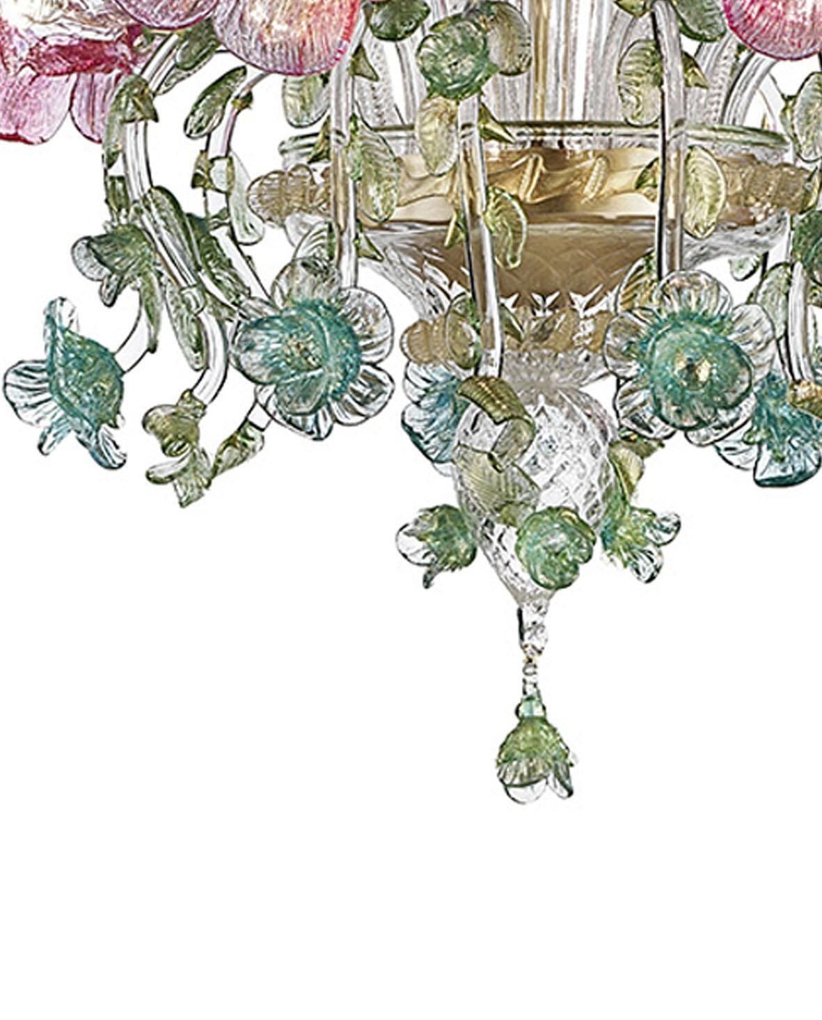 Classical Luxury Venetian Pink And Green Floreal Murano Glass Chandelier. photo for sale
