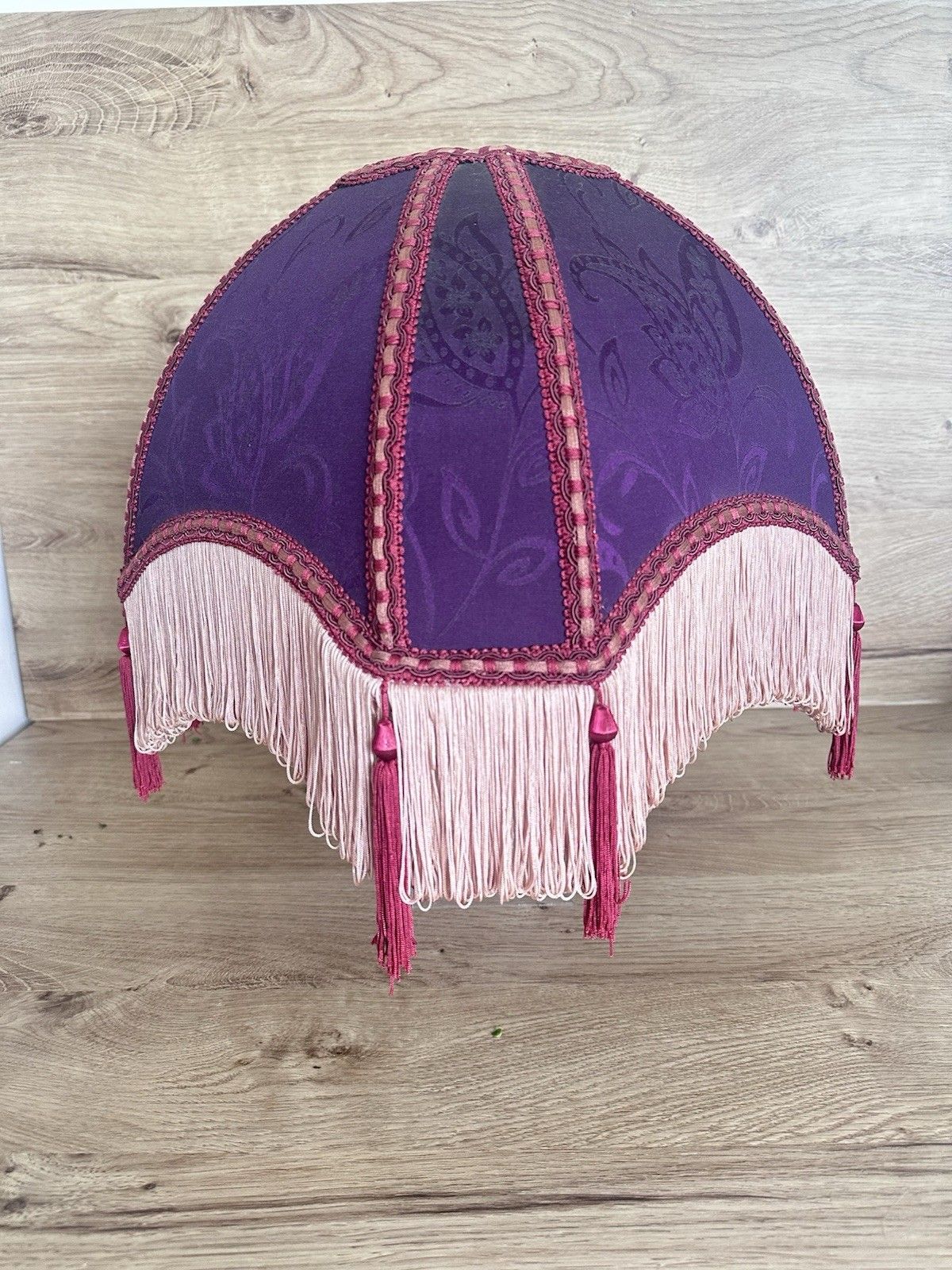 Lighting Downton Style Vtg Empire Tassel Lampshade Purple Damask Fringe Boudoir 35cm photo