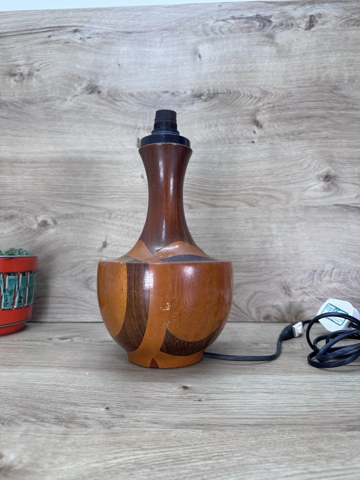 Vintage Mid Century Wooden Table Lamp Segmented Wood Inlaid Style Danish Retro photo Lighting