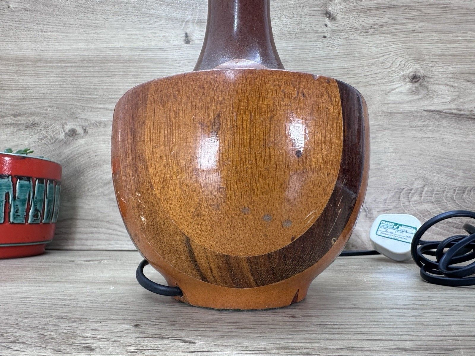 photo for sale Vintage Mid Century Wooden Table Lamp Segmented Wood Inlaid Style Danish Retro