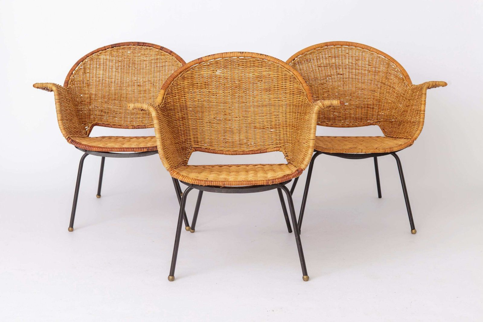 Vintage Basket Chairs By Gianfranco Legler 1950s | Set Of 3 Swiss Rattan Lounge Chairs | Mid Century Modern