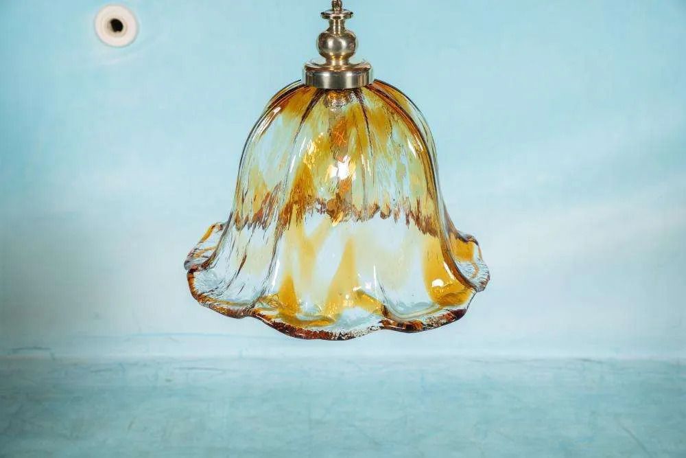 Vintage Amber Murano Hanglamp Honsel, Italiaans Glazen Lamp. photo furniture