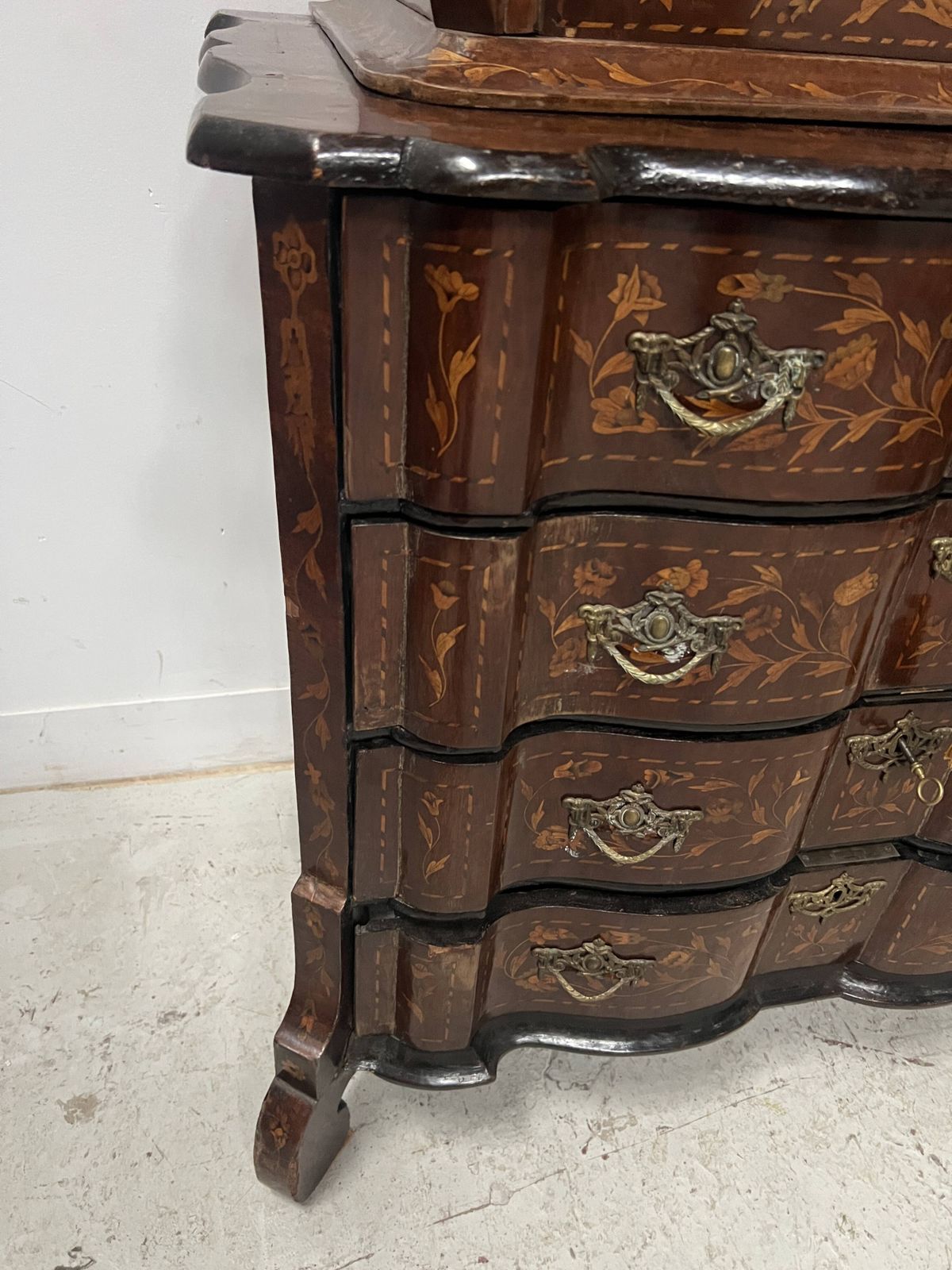 Dutch Display Cabinet In Two Sections, Made Of Marquetry Wood photo vintage