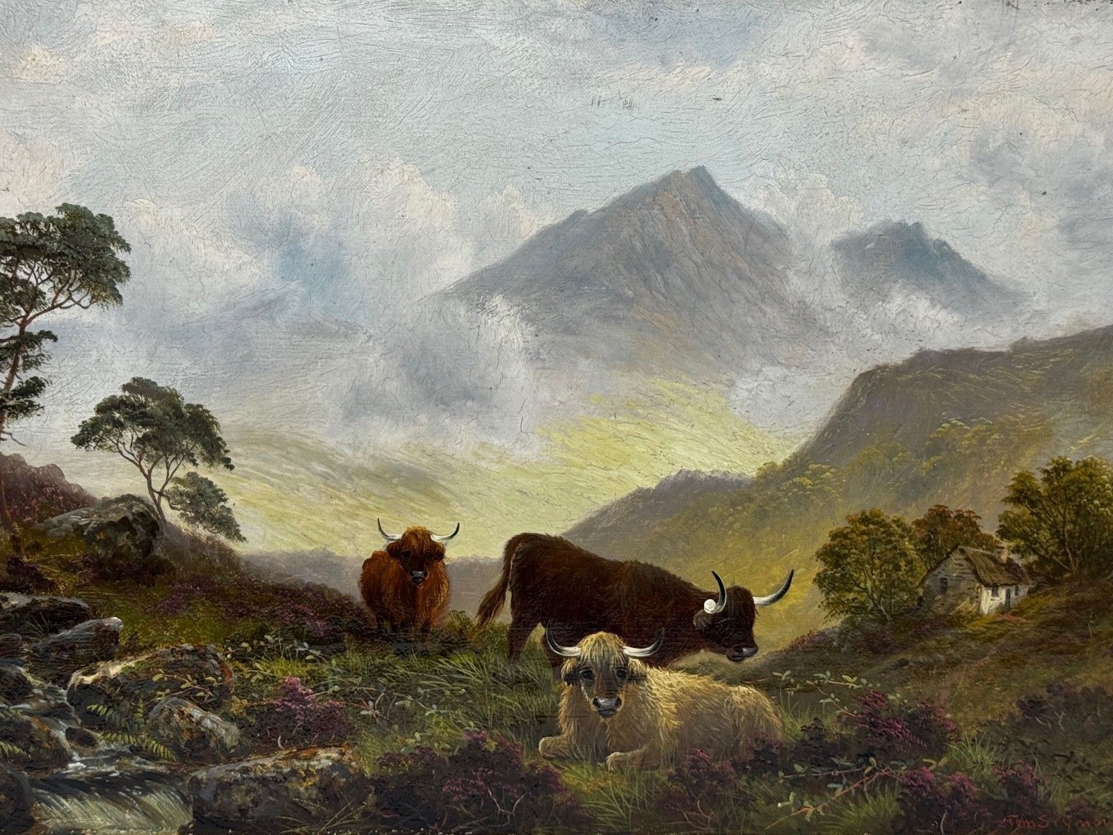 19th Century Oil Painting Ben Lawers First Light Morning Mist Highland Cattle Beside Loch Tay photo furniture