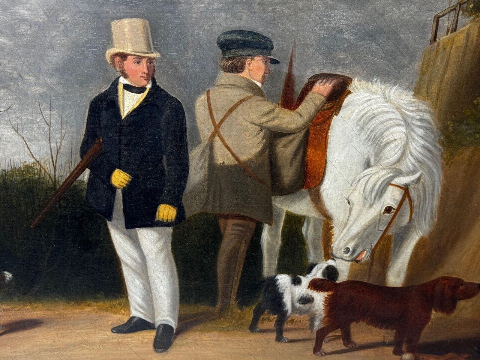 photo furniture 19th Century Hunting Party Oil Painting Spaniel Pointer Dogs Lord With Purdey In Grey Top Hat