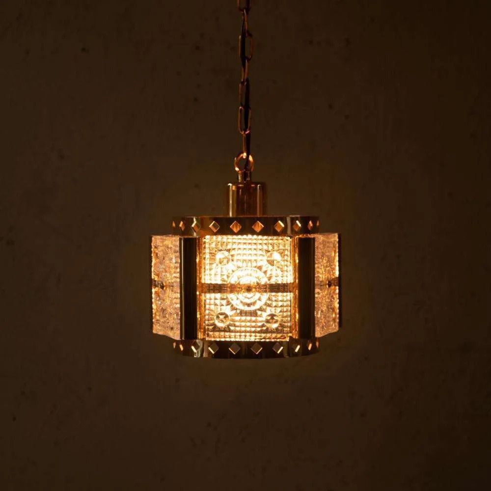 photo vinterior Vintage Messing & Ijsglas Hanglamp, Vitrika Glazen Hanglamp