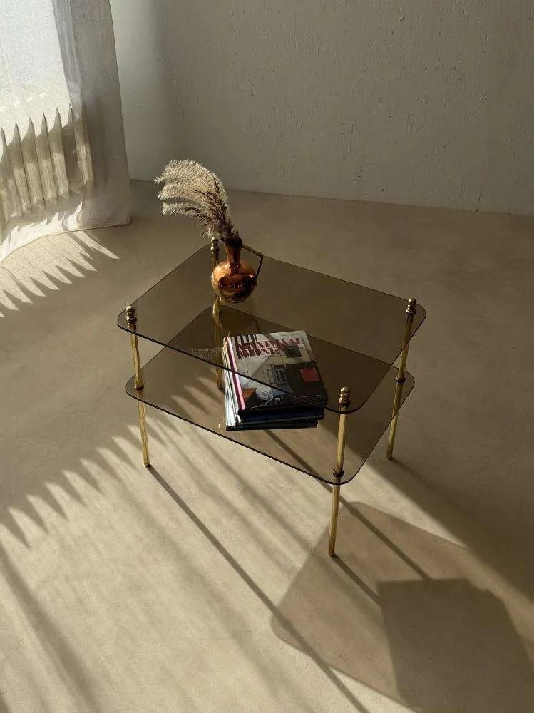 Vintage Smoked Glass Brass Side Table From The 1970s
