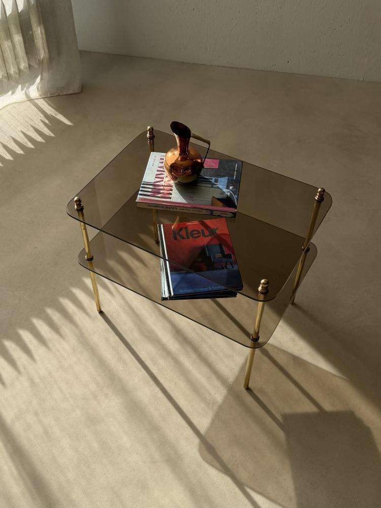 photo furniture Vintage Smoked Glass Brass Side Table From The 1970s