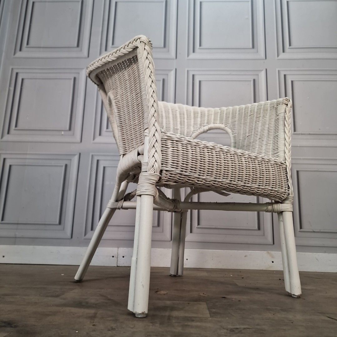 Vintage Wicker Tub Chair White Painted Cane Conservatory Armchair Seat Retro Mcm photo for sale