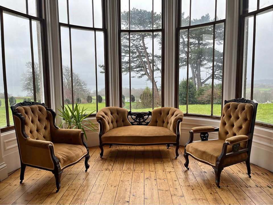 Victorian Three Piece Parlour Suite In Gold Velvet: Chaise Longue, King And Queens Chairs