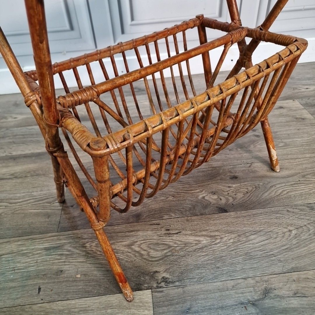 Retro Vintage Side Table Rattan Mid Century Cane Magazine Rack Paper Bamboo photo buy