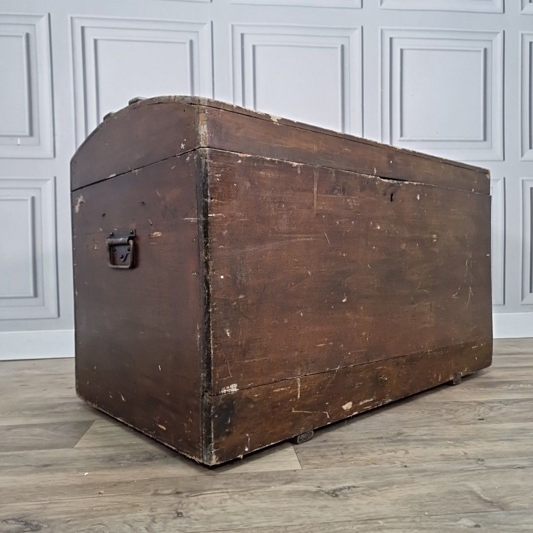Antique Rustic Wooden Chest – Blanket Box / Trunk Metal Handles Dome Top Storage photo furniture
