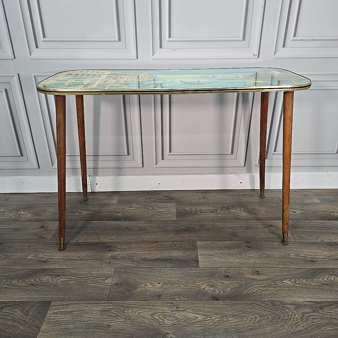Vintage Italian Coffee Table – Mid Century Glass Top Venice Scene Side Console photo 170.0