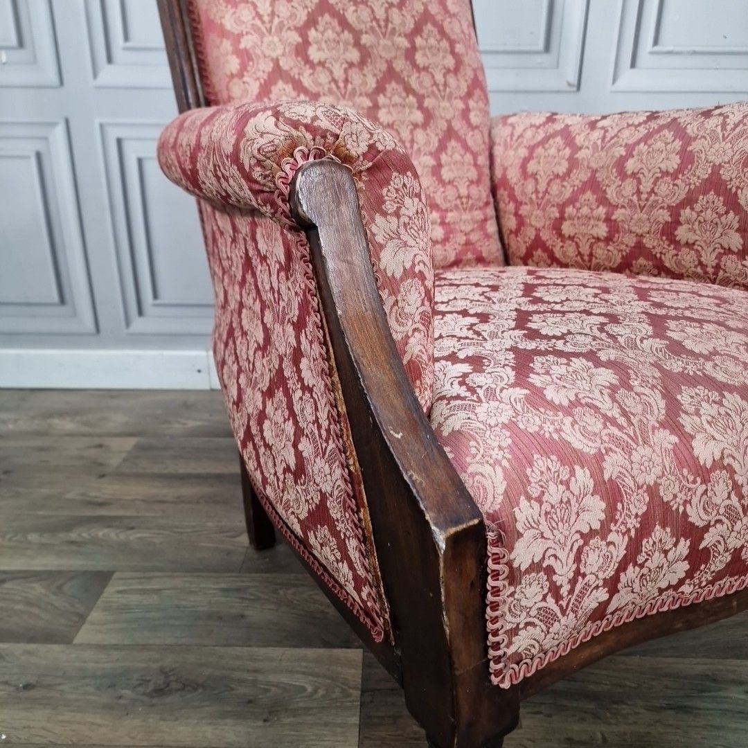Antique Victorian Armchair Upholstered Damask Fabric Mahogany Frame Castors photo Furniture