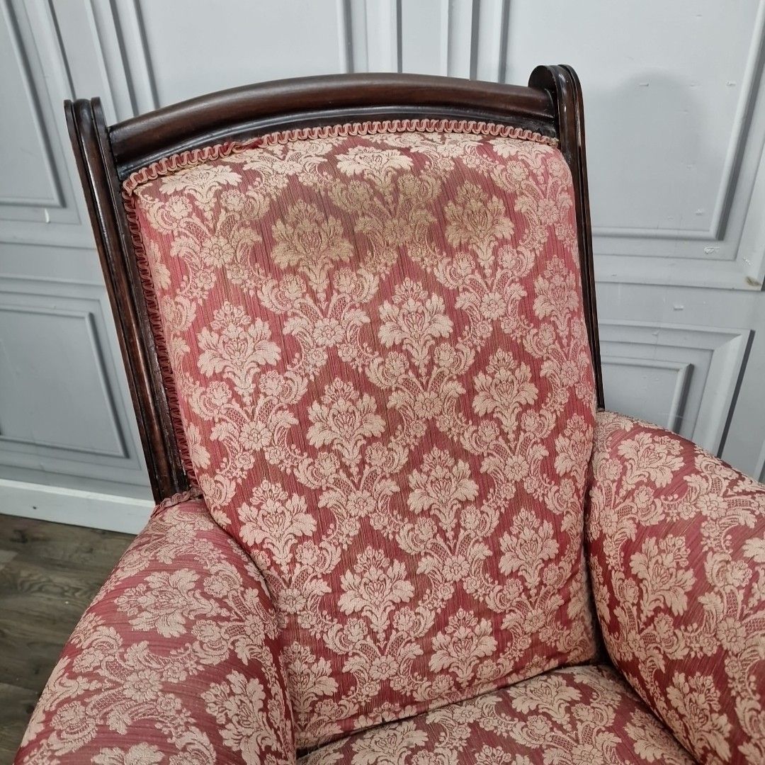 Antique Victorian Armchair Upholstered Damask Fabric Mahogany Frame Castors photo 230.0