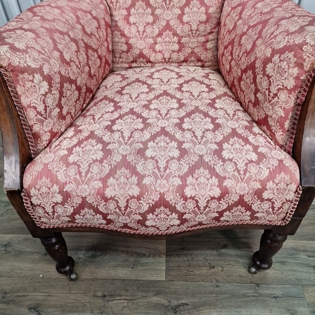 Antique Victorian Armchair Upholstered Damask Fabric Mahogany Frame Castors photo vintage