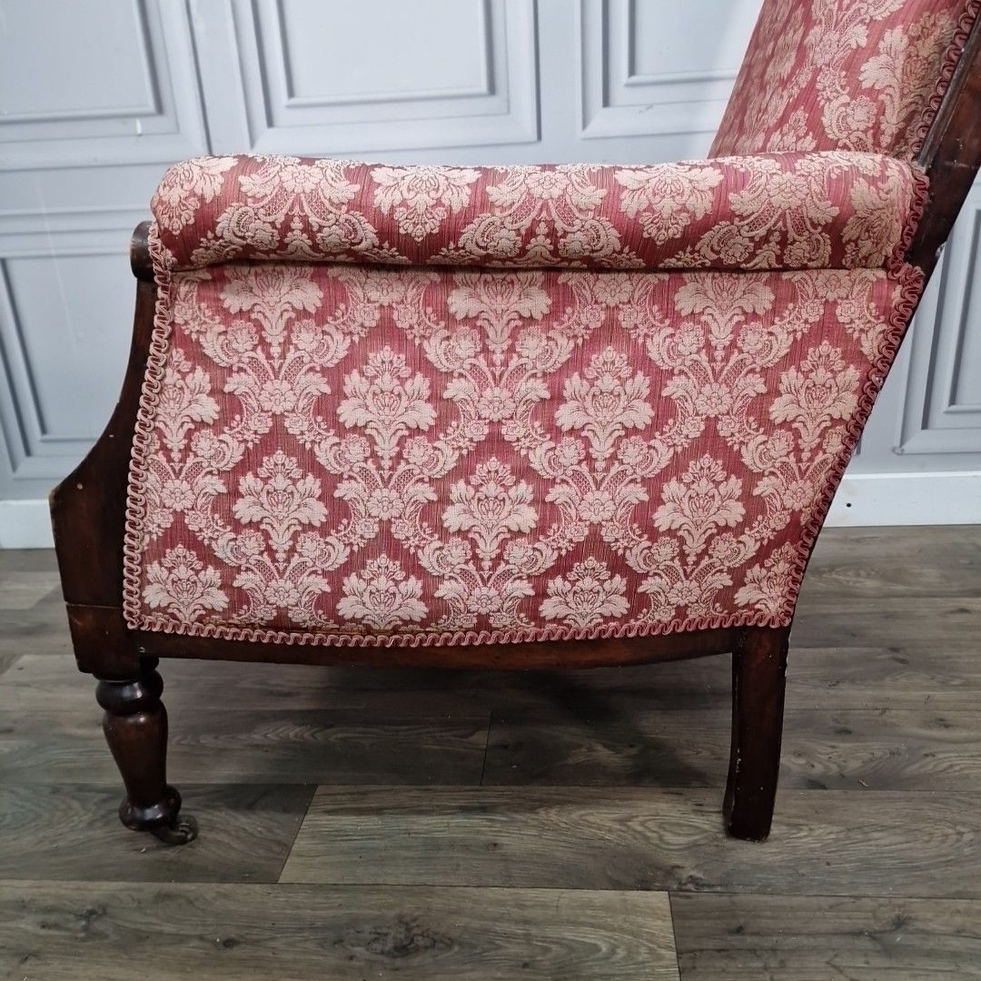 photo buy Antique Victorian Armchair Upholstered Damask Fabric Mahogany Frame Castors