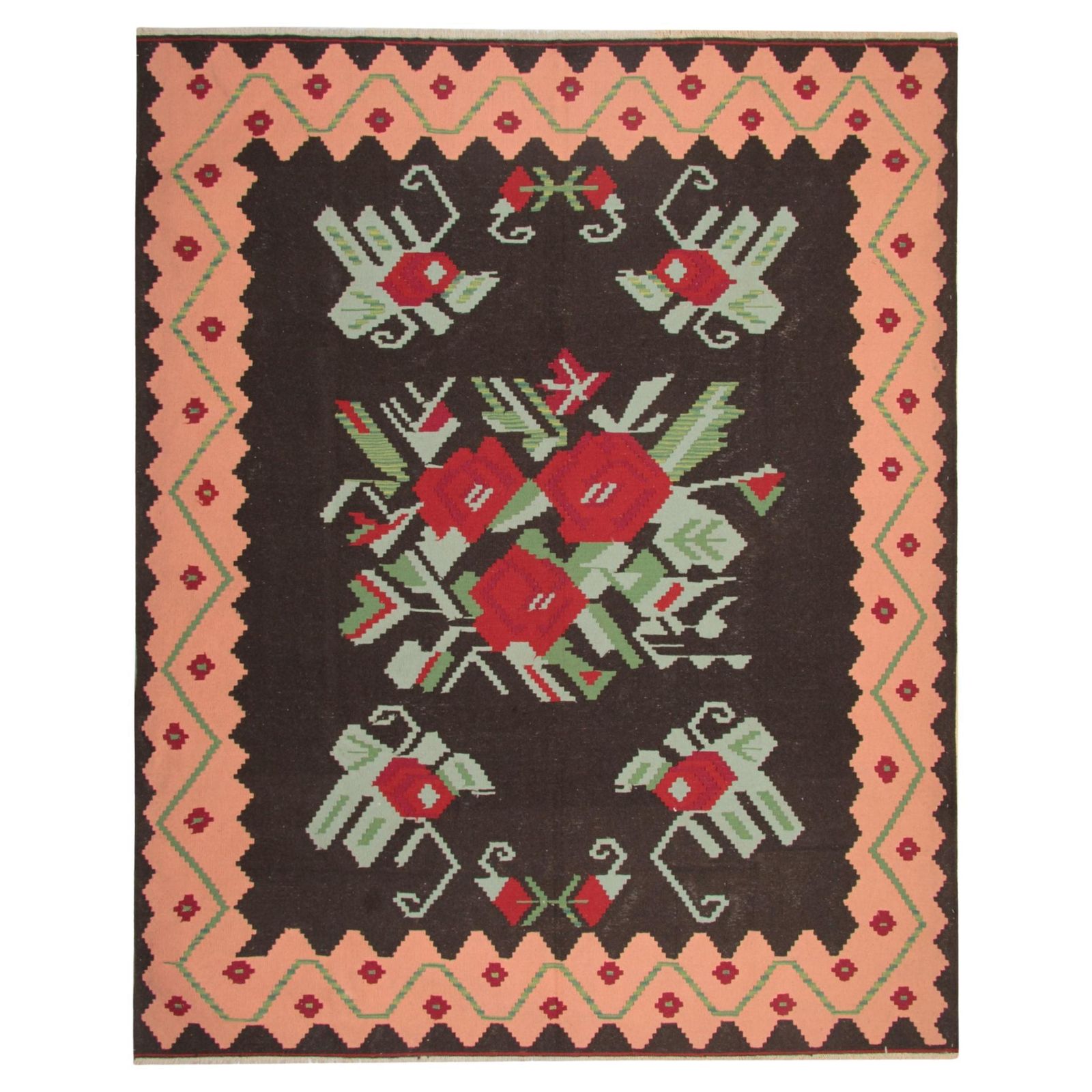 Antique Moldavian Kilim Rug Floral Large Livingroom Carpet Zig Zag Border