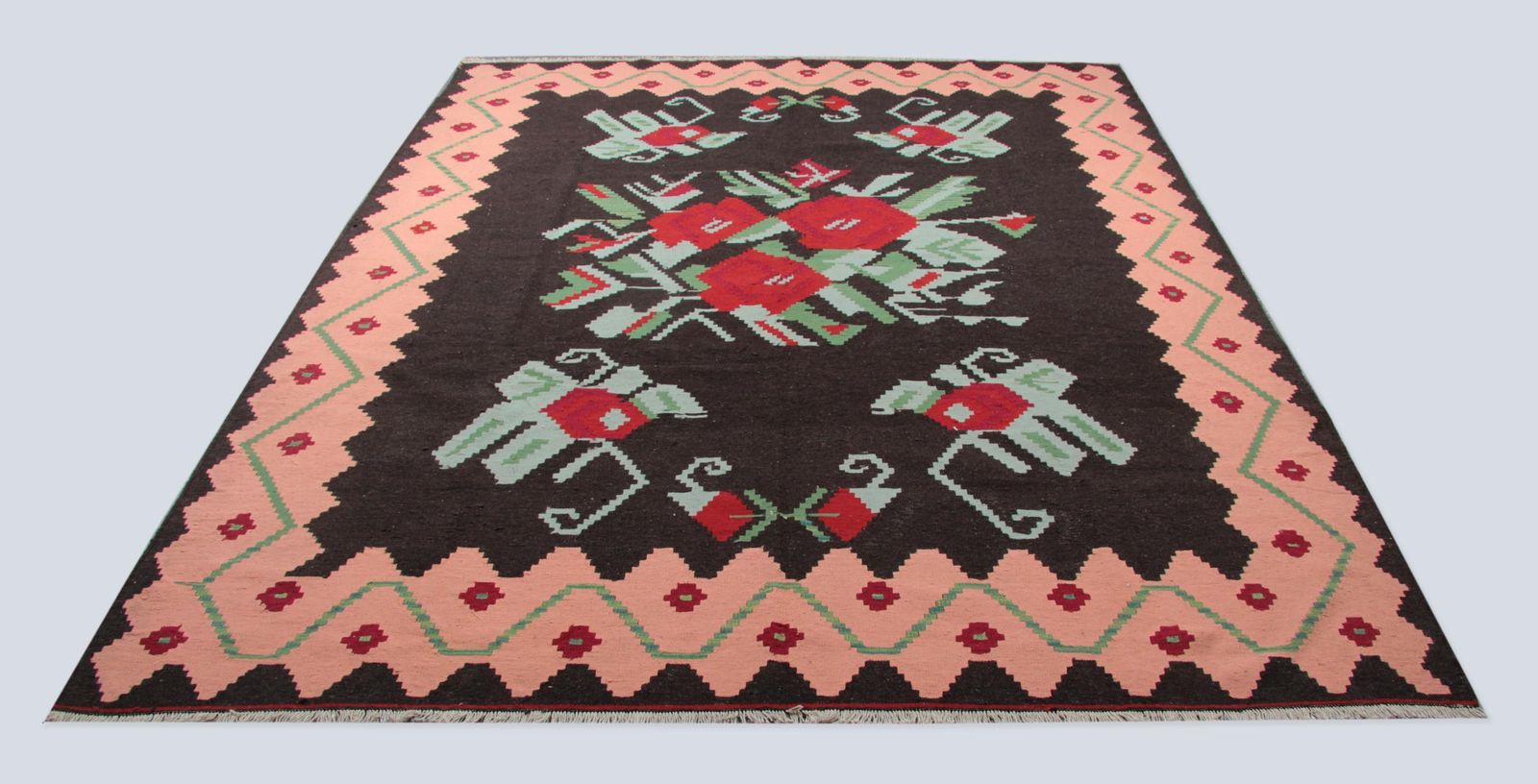 Antique Moldavian Kilim Rug Floral Large Livingroom Carpet Zig Zag Border photo 3253.0