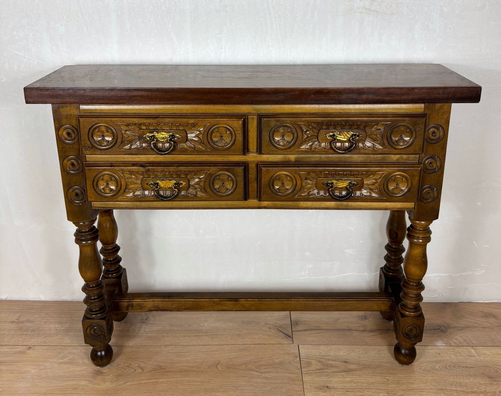 Spanish Renaissance Revival Walnut Console Table With Four Carved Drawers, 1930s photo furniture