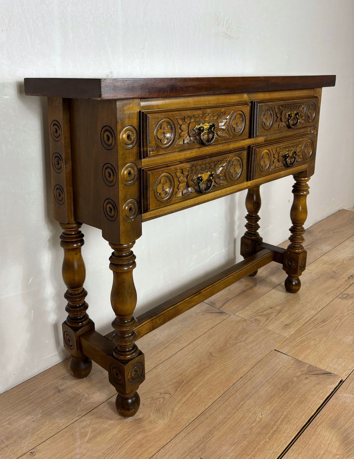 Spanish Renaissance Revival Walnut Console Table With Four Carved Drawers, 1930s photo 2540.0