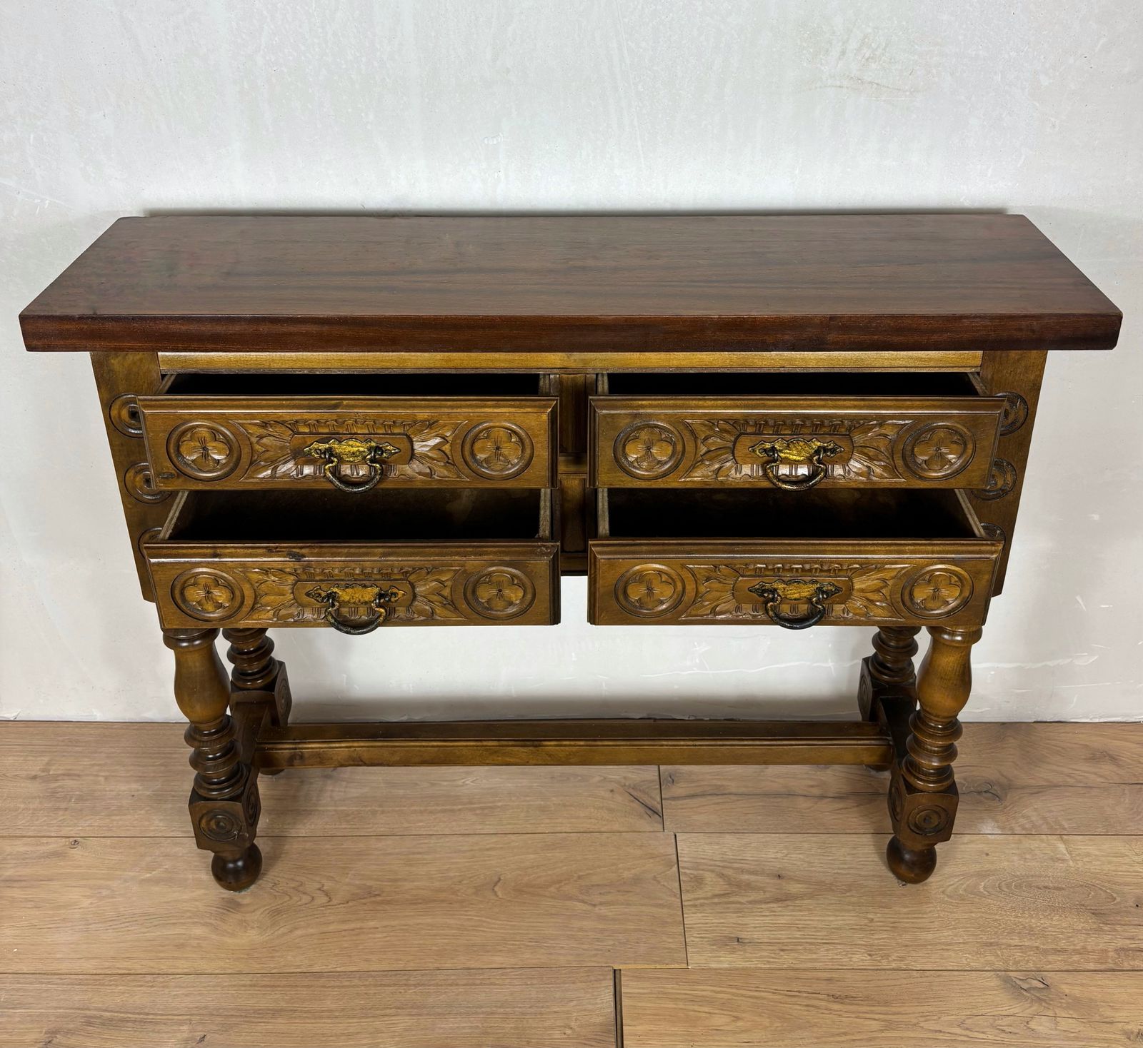 Spanish Renaissance Revival Walnut Console Table With Four Carved Drawers, 1930s photo vinterior