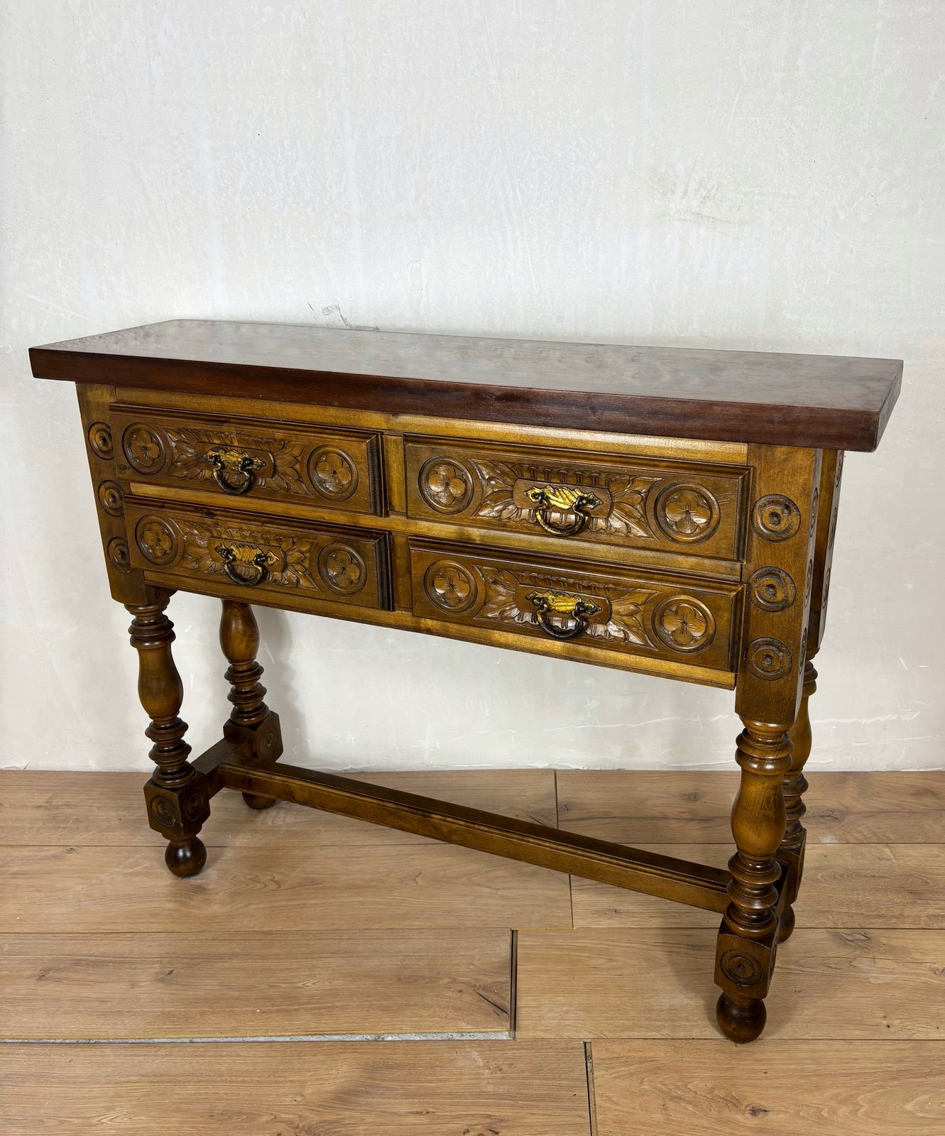 Spanish Renaissance Revival Walnut Console Table With Four Carved Drawers, 1930s photo buy